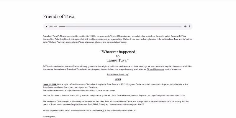 Screenshot of a webpage titled 'Friends of Tuva' featuring a sound player, a quote about Tannu Tuva, and descriptive text about the Friends of Tuva group and its origins.