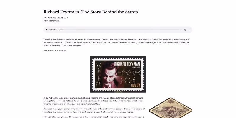 Web page titled 'Richard Feynman: The Story Behind the Stamp' featuring an audio player and images of Richard Feynman commemorative postage stamps with scientific and Tuvan themes.