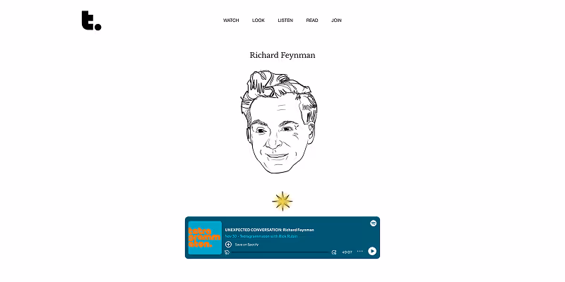 Minimalist webpage featuring a black and white sketch of Richard Feynman's face, with text 'Richard Feynman' above and a podcast player below titled 'UNEXPECTED CONVERSATION: Richard Feynman.'