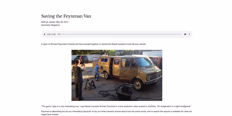 Screenshot of an article titled 'Saving the Feynman Van' featuring a video player and a photo of people restoring a brown van with scientific diagrams drawn on it.