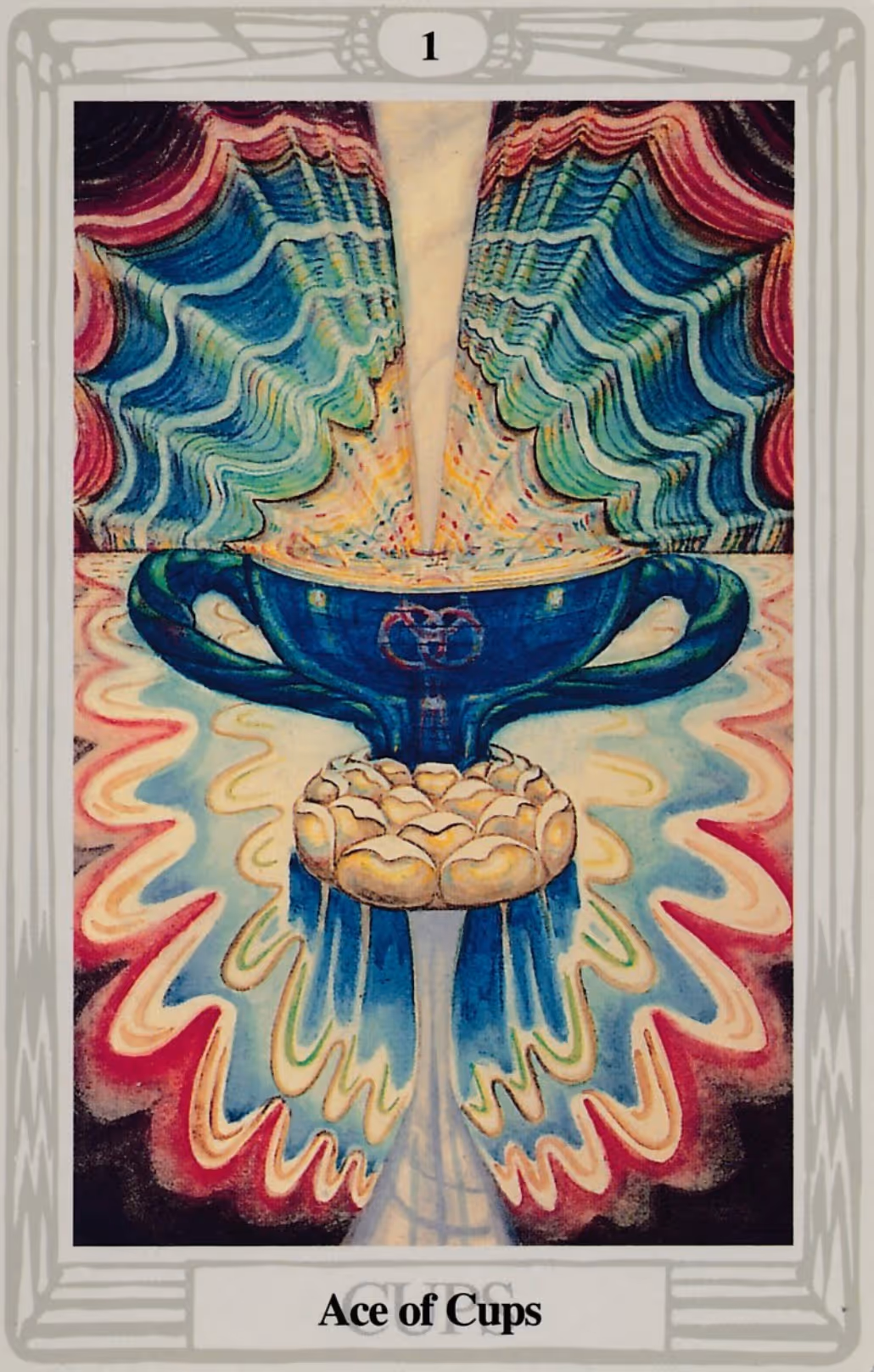 Ace of Cups tarot card, Rider deck: a golden chalice pouring forth water, held aloft by a divine hand.