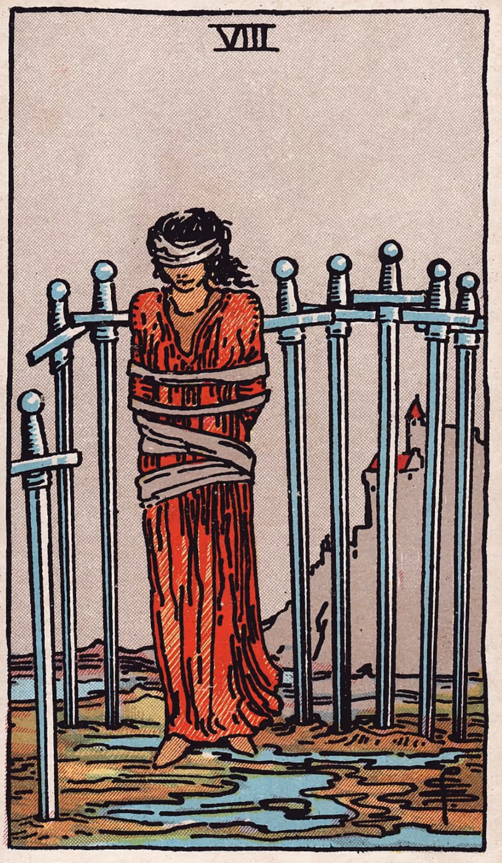 The Eight of Swords tarot card from the Rider deck