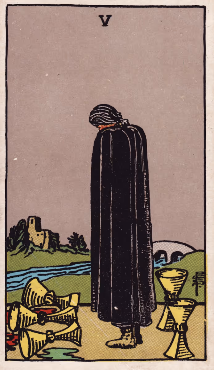 The Five of Cups tarot card from the Rider deck