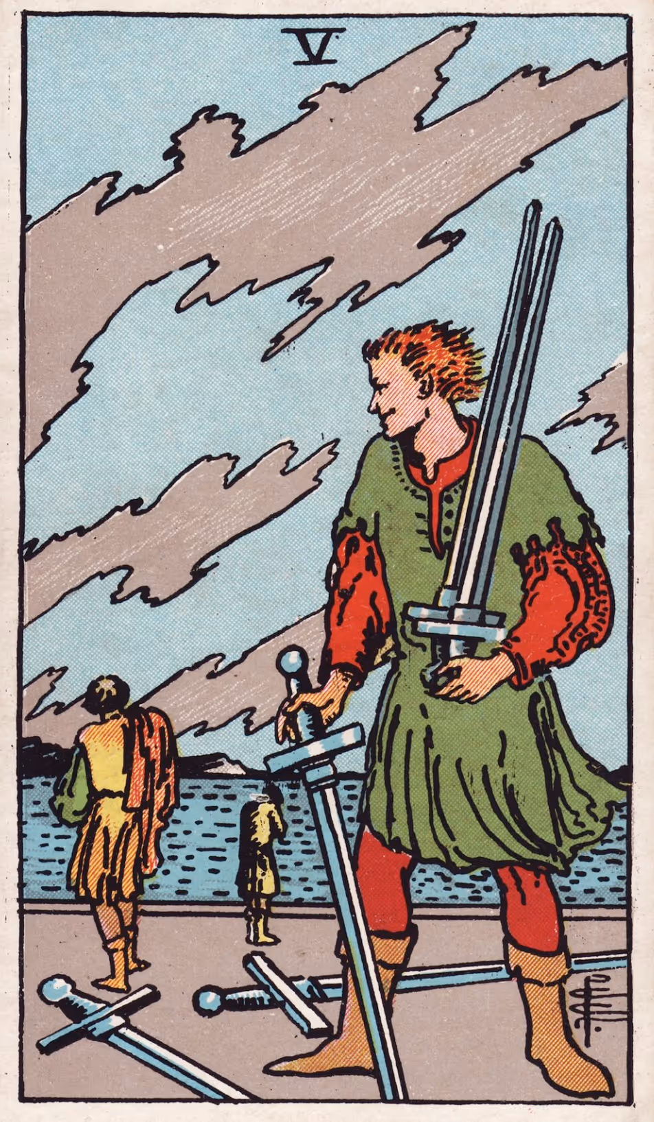 Five of Swords tarot card, Rider deck: a smiling rogue picking up swords that have been lost in battle.