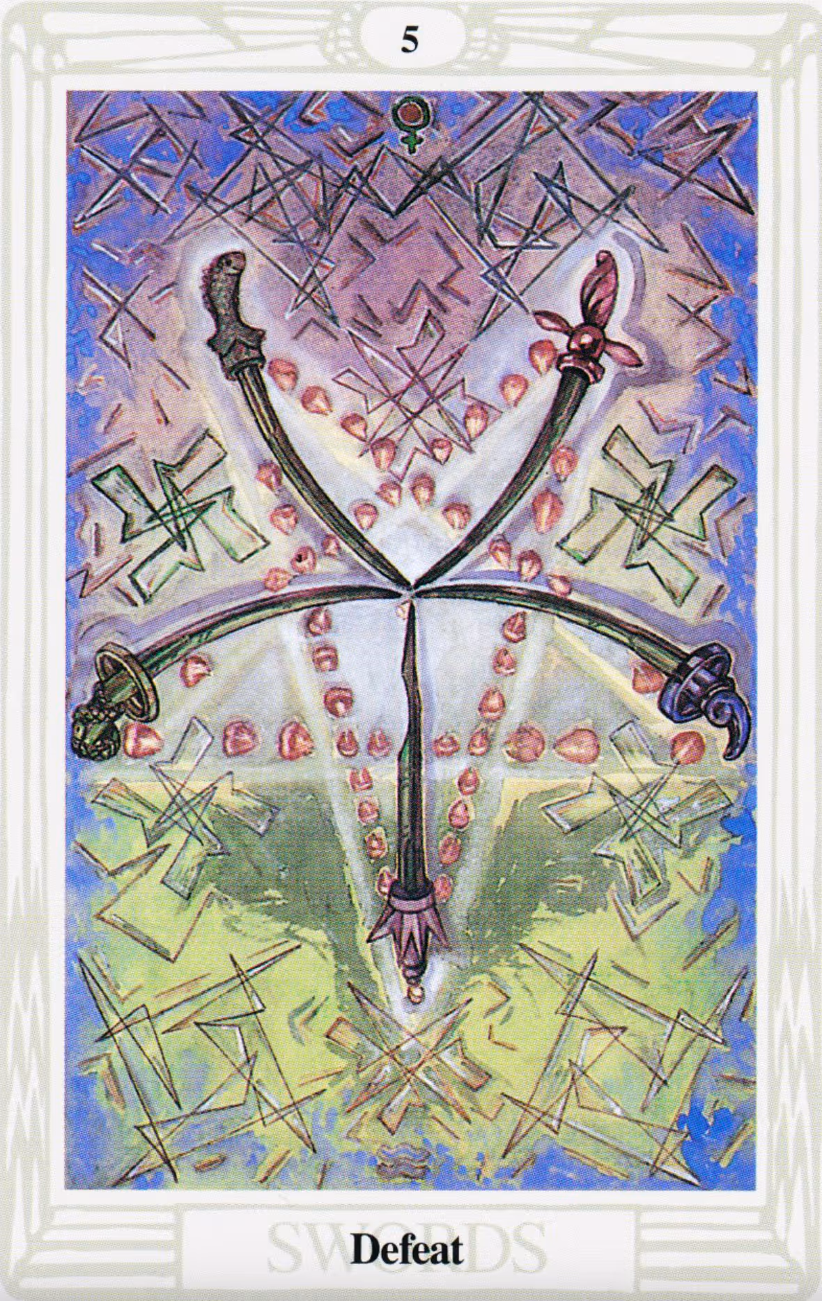 Five of Swords tarot card, Thoth deck: a reversed pentagram, a falling star made of chipped swords.
