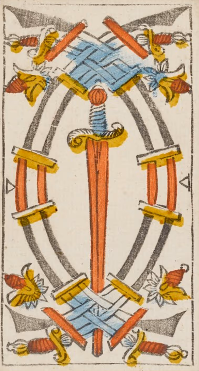 Five of Swords tarot card, Thoth deck: a reversed pentagram, a falling star made of chipped swords.