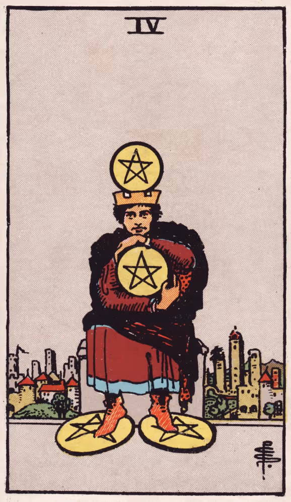 Four of Coins tarot card from the Rider deck
