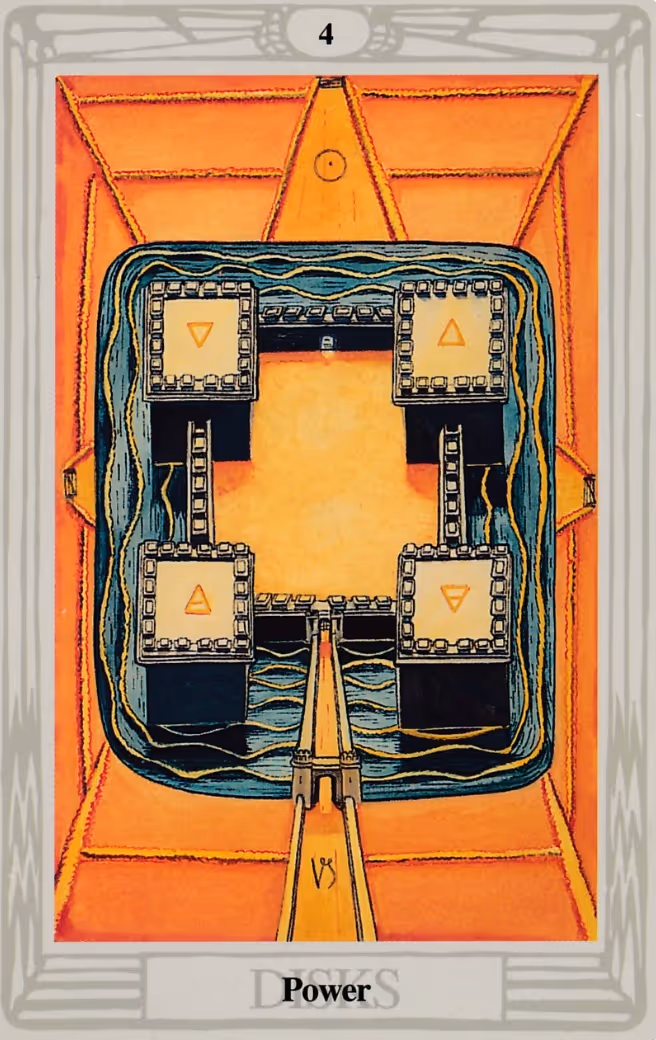 Four of Coins tarot card from the Rider deck