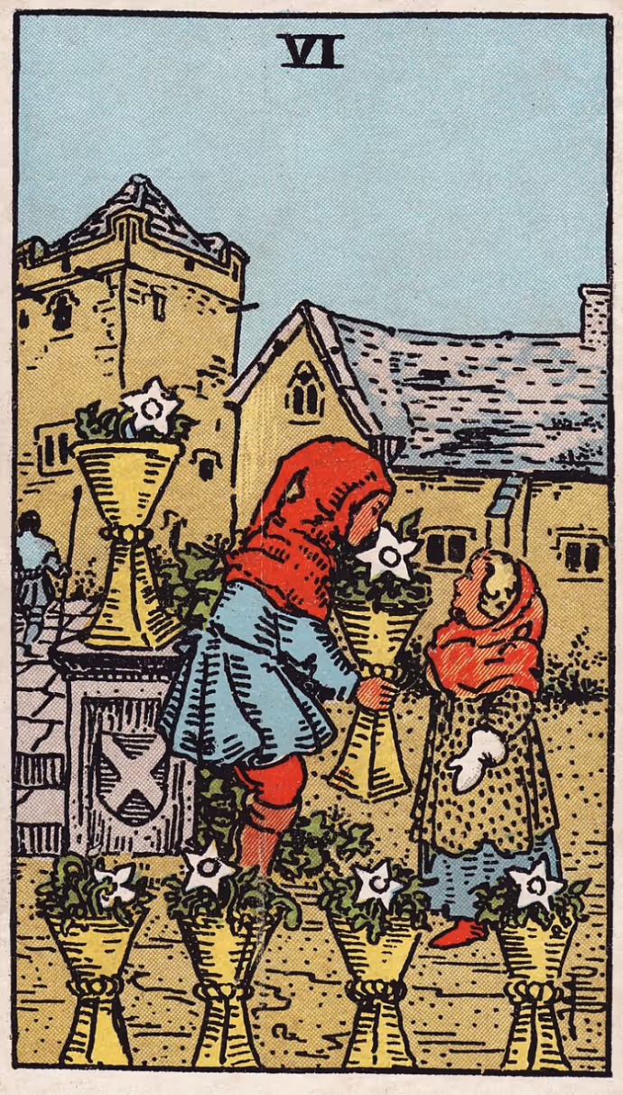 The Six of Cups tarot card, Rider deck: a picturesque scene.