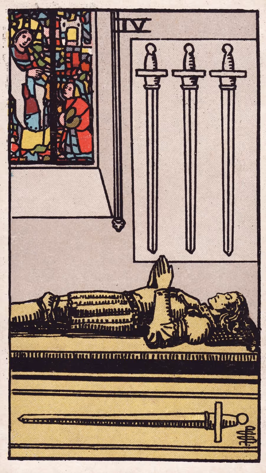 The Four of Swords tarot card from the Rider deck