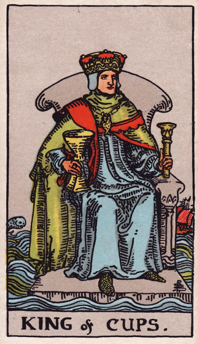 The King and Prince of Cups tarot card, Rider deck: a fair faced King wearing an ornate crown with golden filigree, a greenish gold cape with red scallops, and a blue robe.