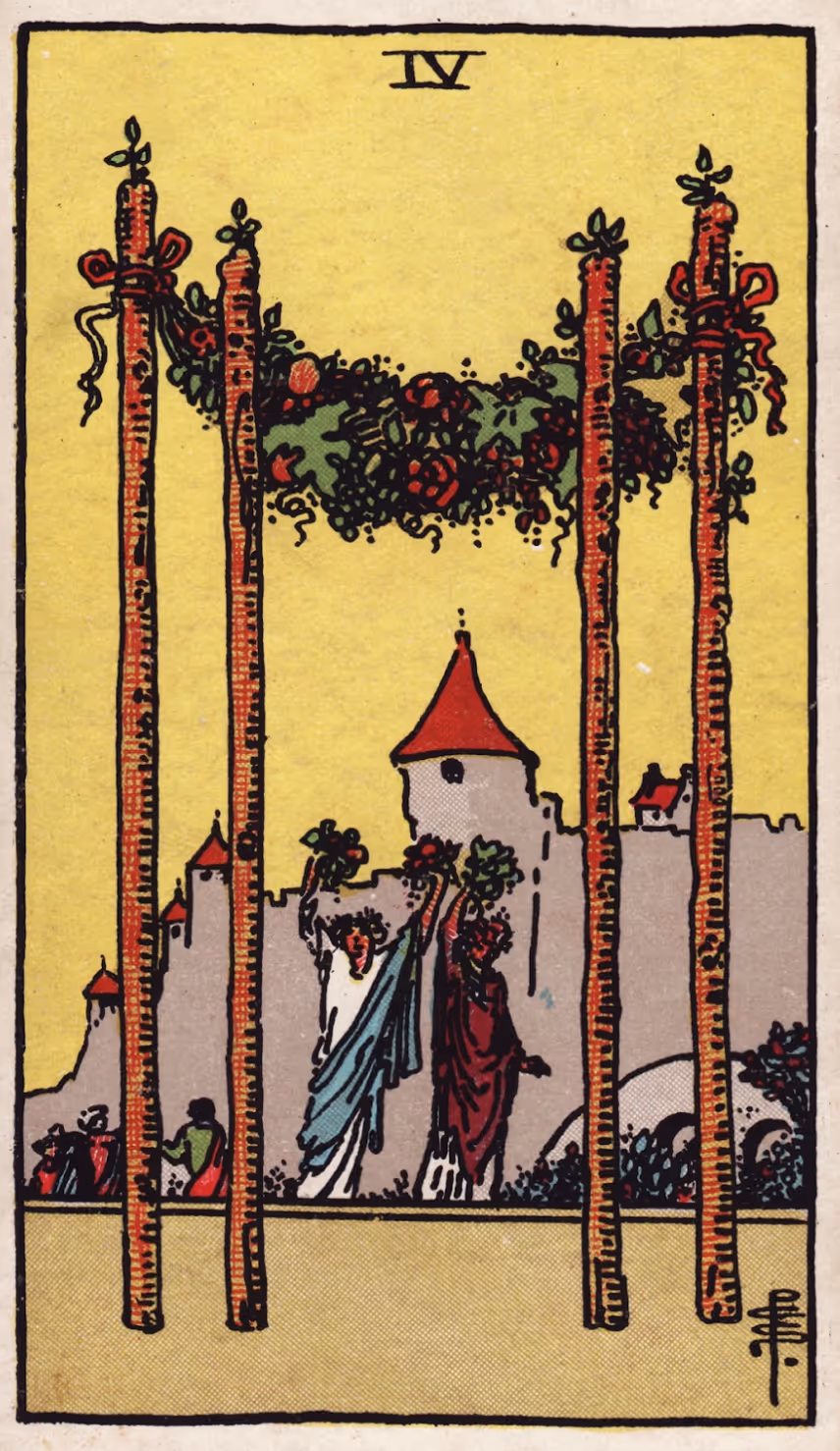 The Four of Wands tarot card from the Rider deck