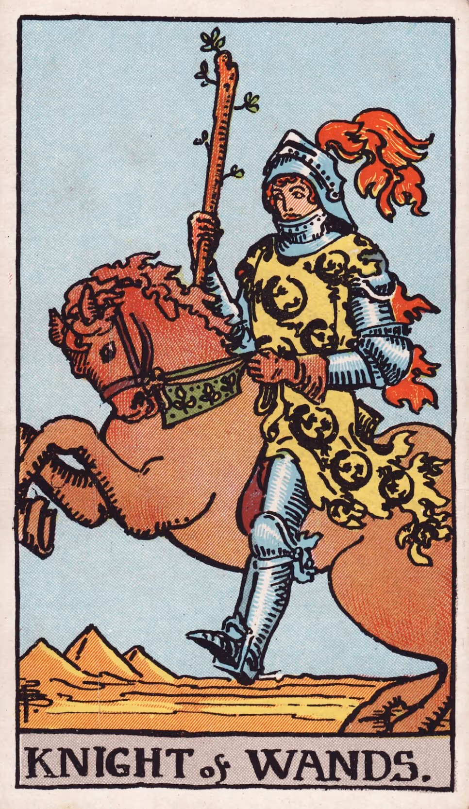 Knight of Wands tarot card from the Rider deck