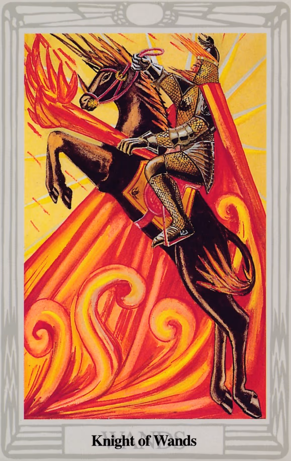 Knight of Wands tarot card, Thoth deck: a black horse with a mane and tail of fire.