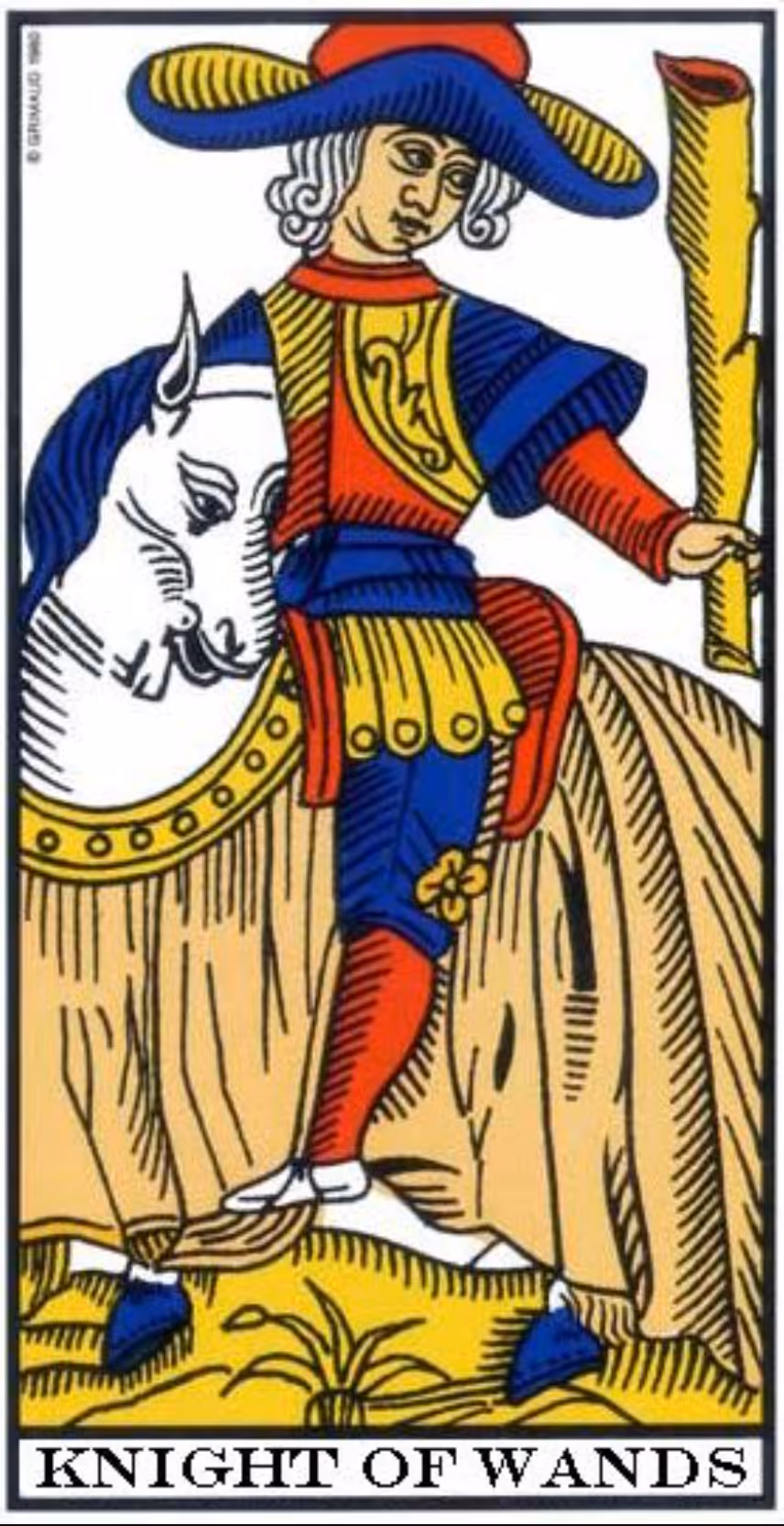 Knight of Wands tarot card, Thoth deck: a black horse with a mane and tail of fire.