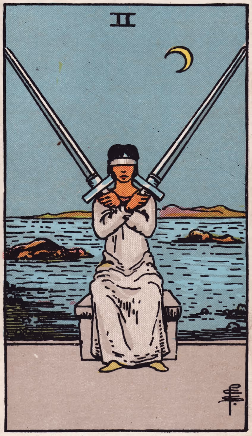 Two of Swords tarot card, Rider deck: a blindfolded woman balancing two swords in her hands.