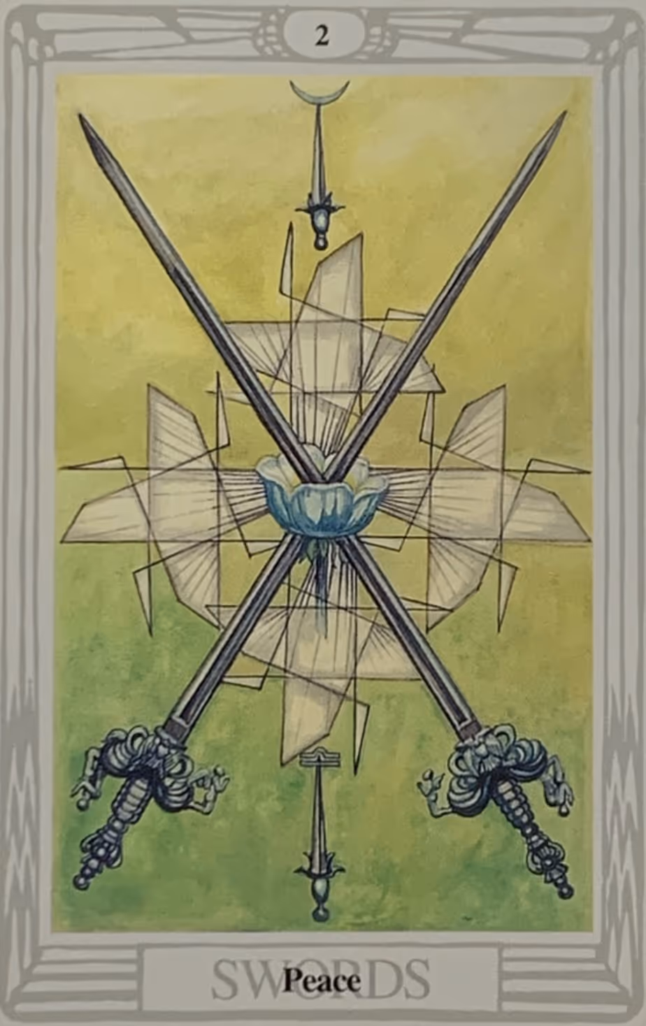 Two of Swords tarot card, Rider deck: a blindfolded woman balancing two swords in her hands.