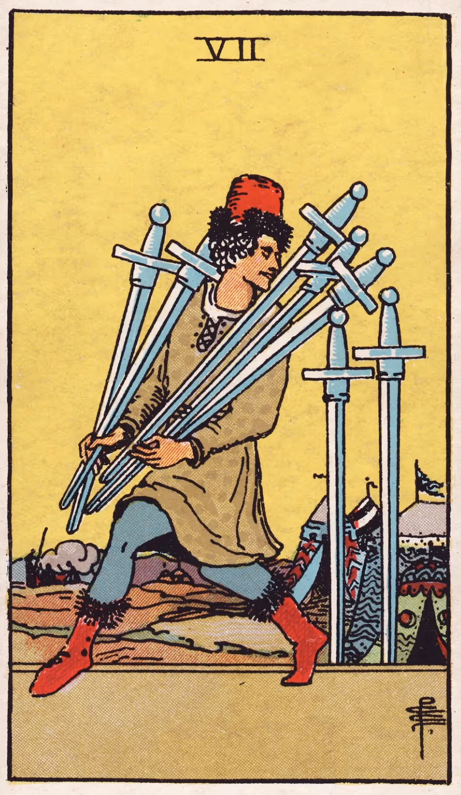 The Seven of Swords tarot card, Rider deck: a clownish thief, sneakily walking off with five swords.