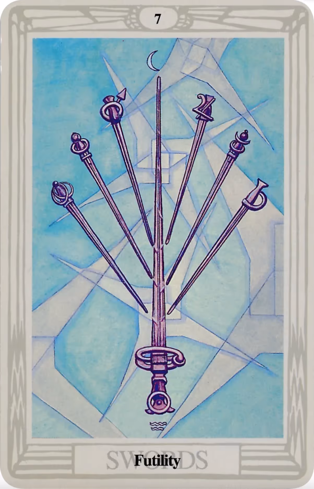 The Seven of Swords tarot card, Rider deck: a clownish thief, sneakily walking off with five swords.