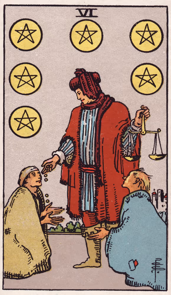 Six of Disks tarot card from the Rider deck