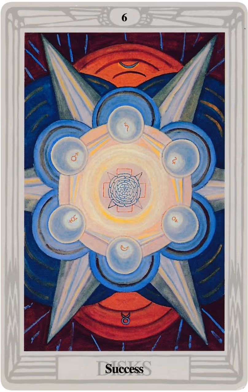 Six of Disks tarot card from the Rider deck