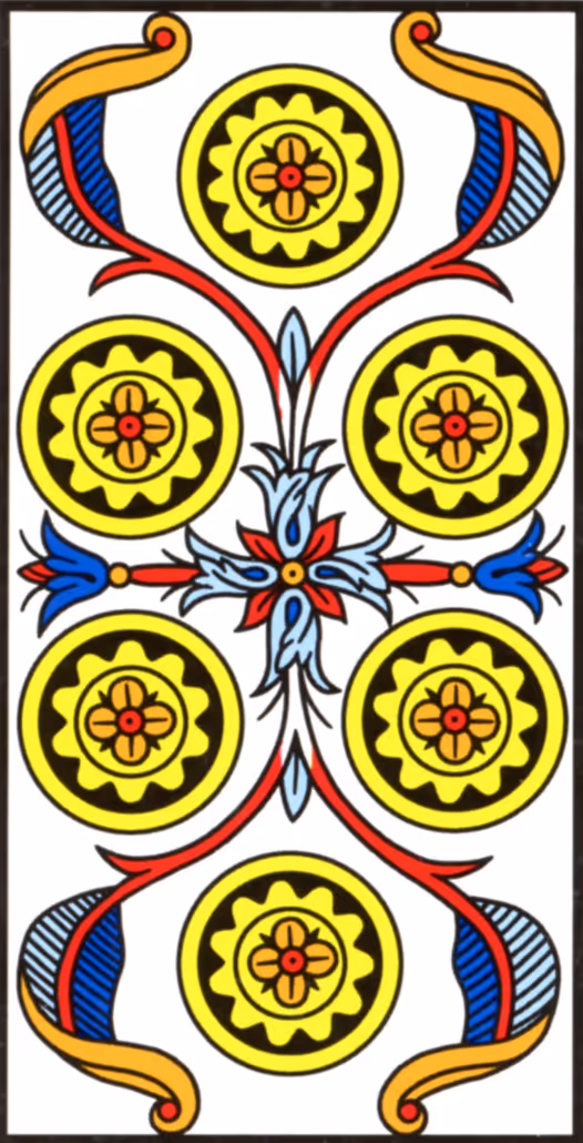 Six of Disks tarot card, Thoth deck: a hexagon formed by the planets atop a hexagonal star.