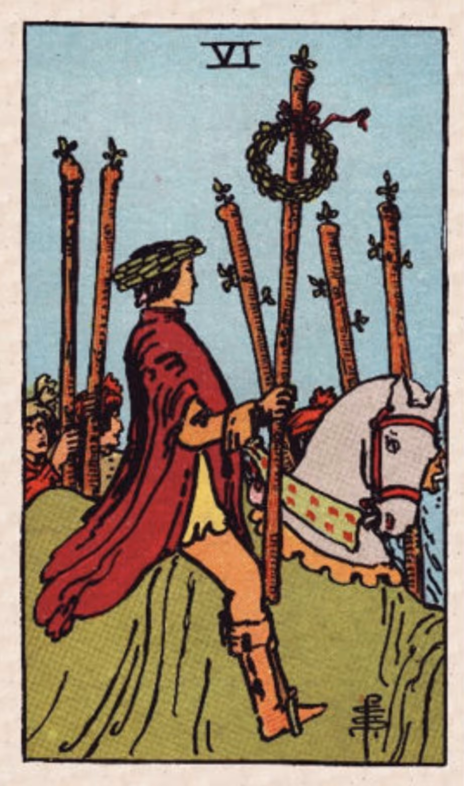 The Six of Wands tarot card from the Rider deck