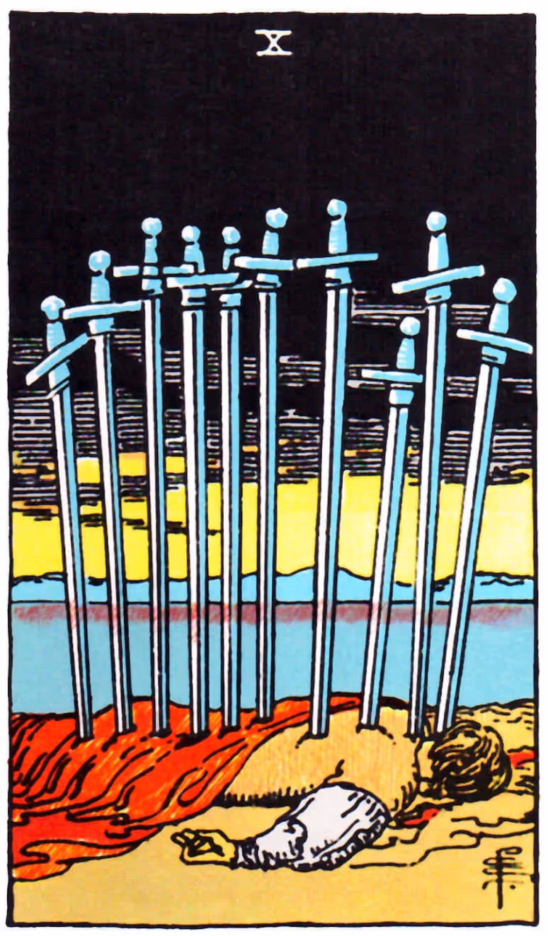 The Ten of Swords tarot card from the Rider deck