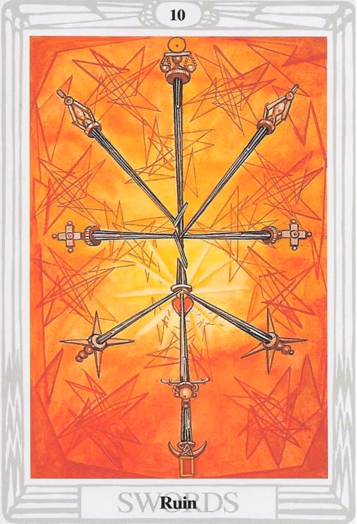 The Ten of Swords tarot card from the Thoth deck