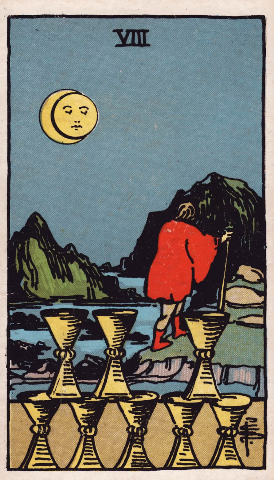 Eight of Cups tarot card, Rider deck: a man departing from a rocky shore.