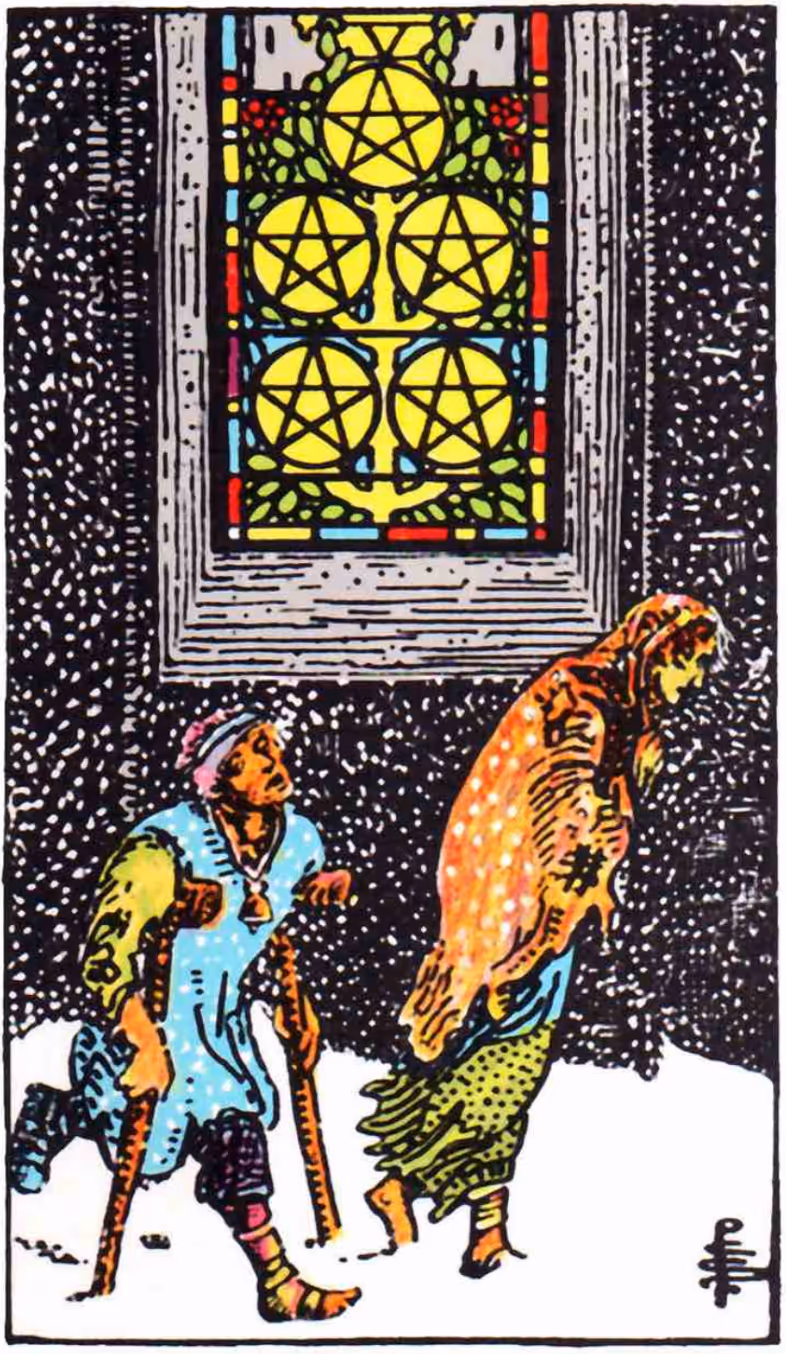 Five of Disks tarot card, Rider deck: two beggars enduring a snow storm.