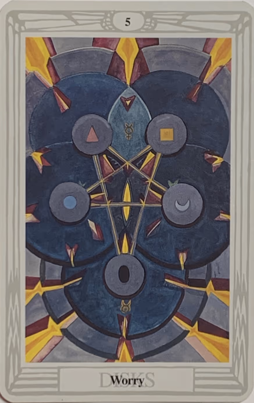 Five of Disks tarot card from the Thoth deck