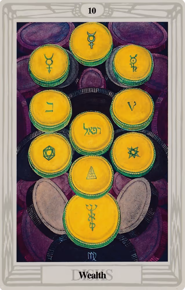 The Ten of Disks tarot card from the Rider deck