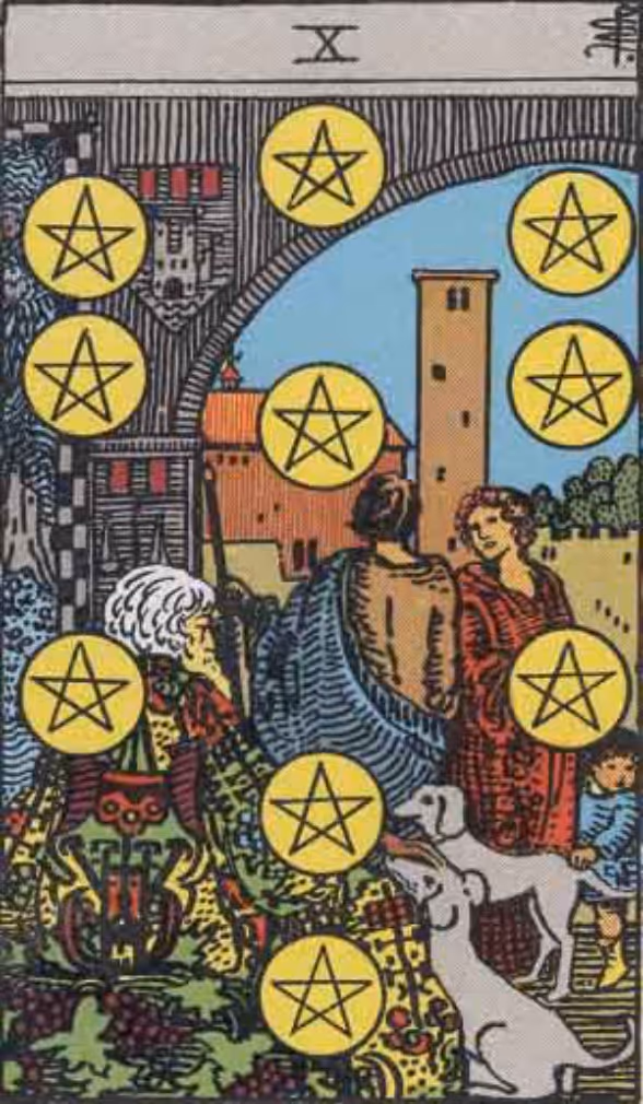 The Ten of Disks tarot card from the Rider deck