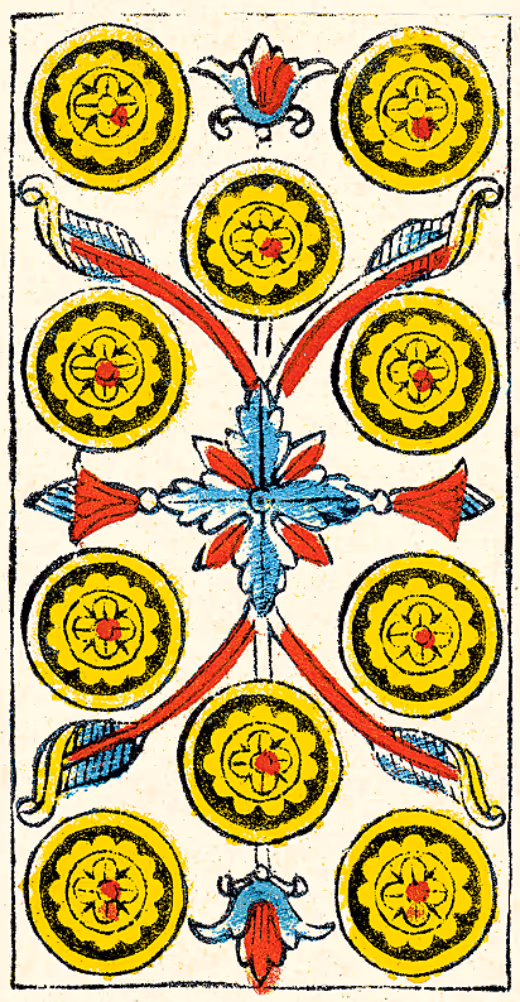 The Ten of Disks tarot card from the Marseille deck