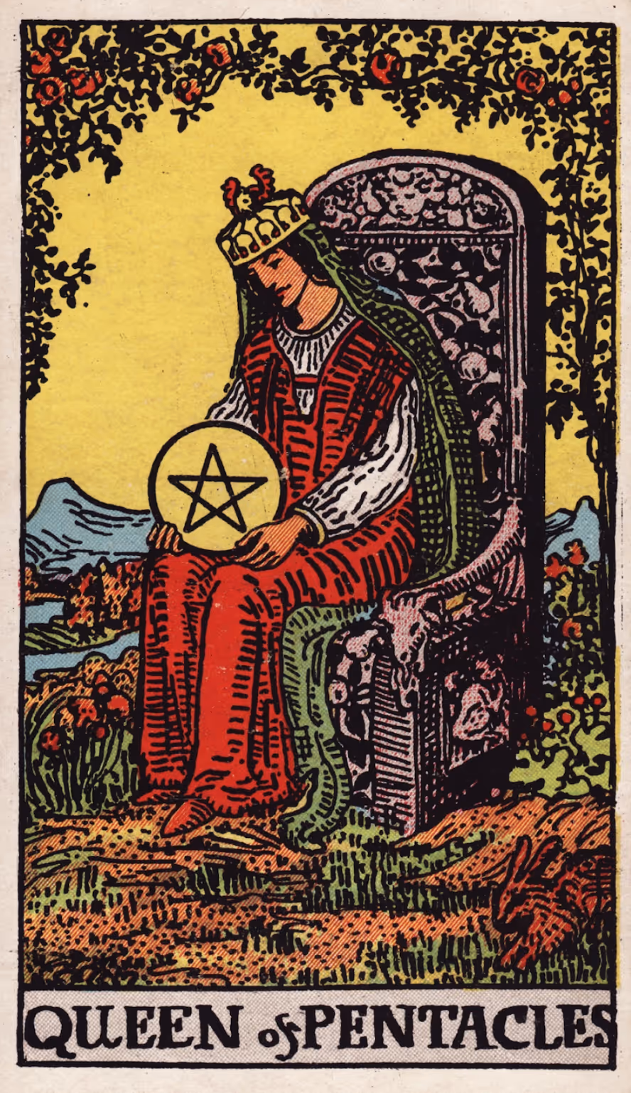 Queen of Disks tarot card from the Rider deck