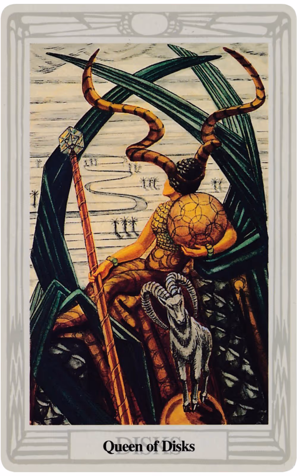 Queen of Disks tarot card, Thoth deck: the Queen at a different stage of motherhood altogether.