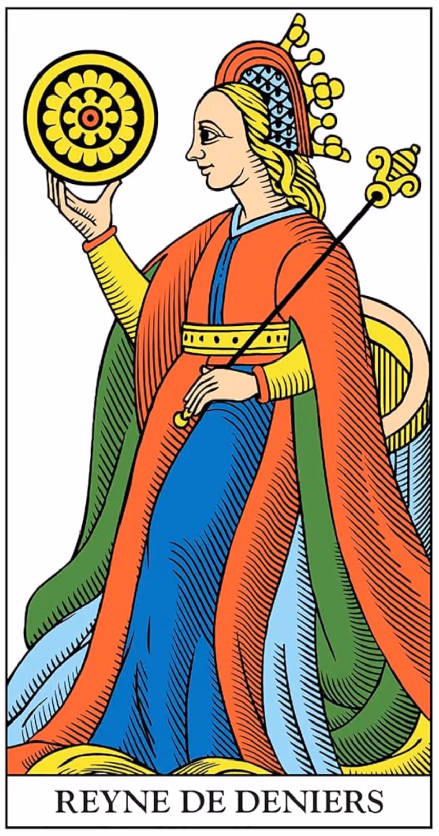 Queen of Disks tarot card from the Marseille deck