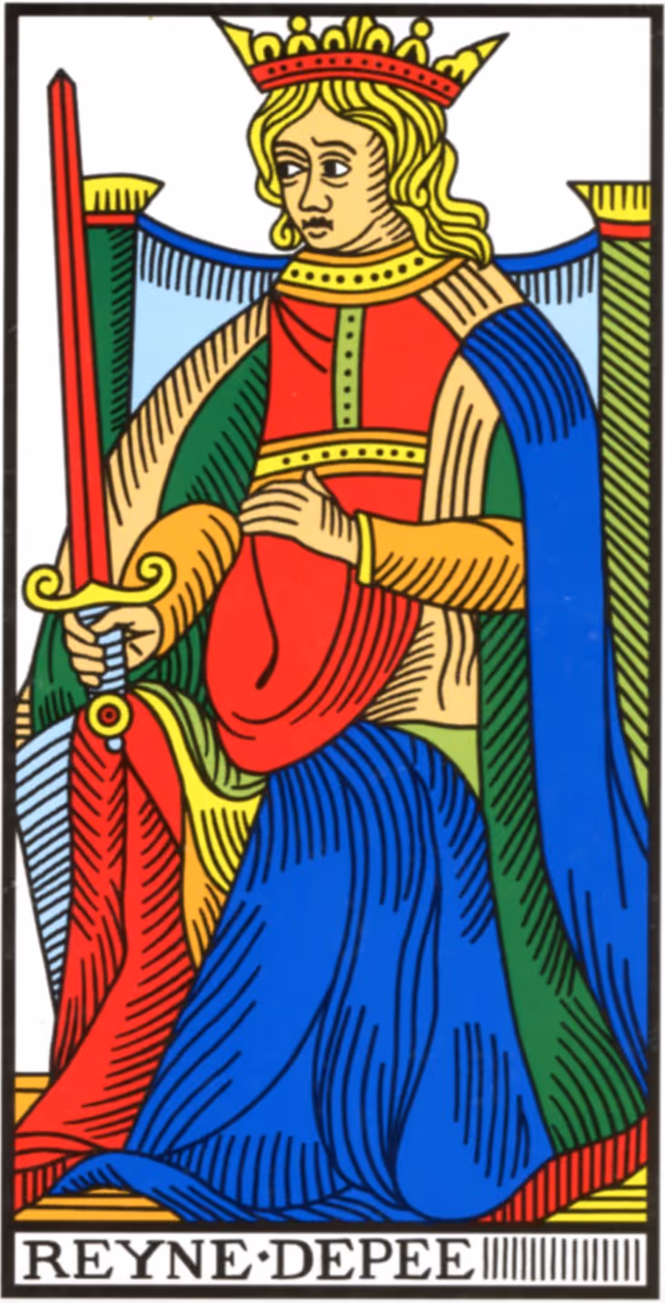 The Queen of Swords tarot card, Rider deck: her with a crown of butterflies, a robe covered in clouds, and sitting atop a throne of babes and butterflies.