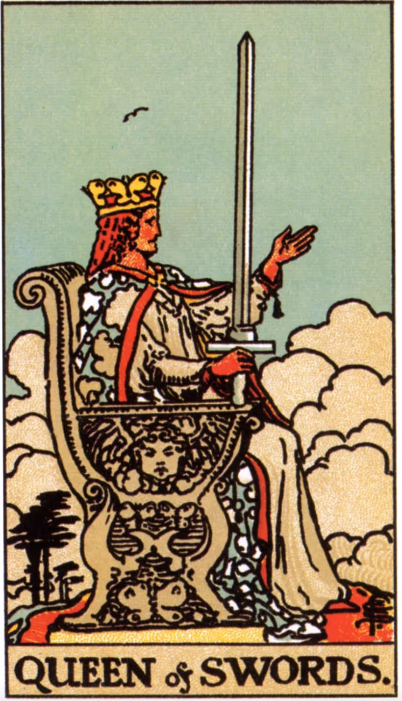 The Queen of Swords tarot card, Rider deck: her with a crown of butterflies, a robe covered in clouds, and sitting atop a throne of babes and butterflies.