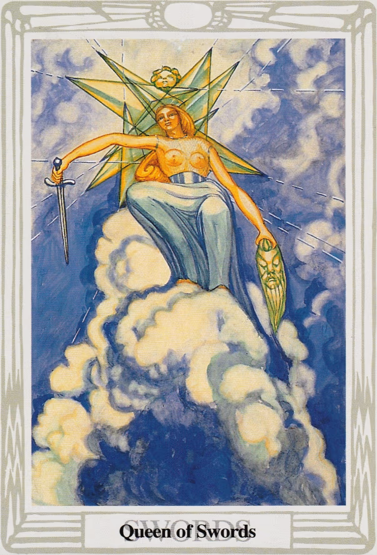 The Queen of Swords tarot card, Rider deck: her with a crown of butterflies, a robe covered in clouds, and sitting atop a throne of babes and butterflies.