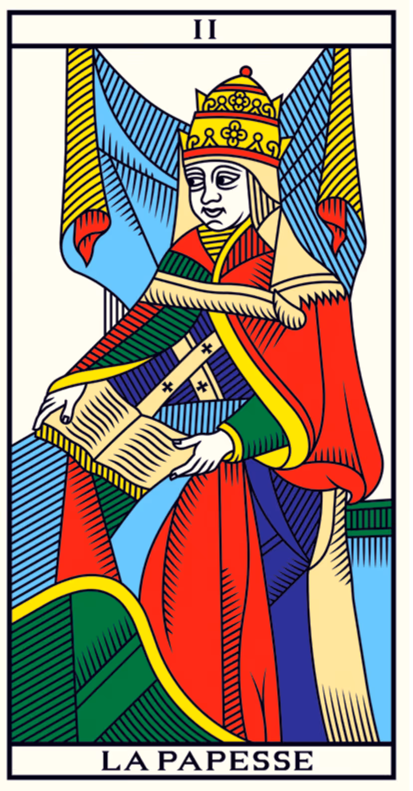 The Priestess tarot card, Rider deck: her with a crown of butterflies, a robe covered in clouds, and sitting atop a throne of babes and butterflies.