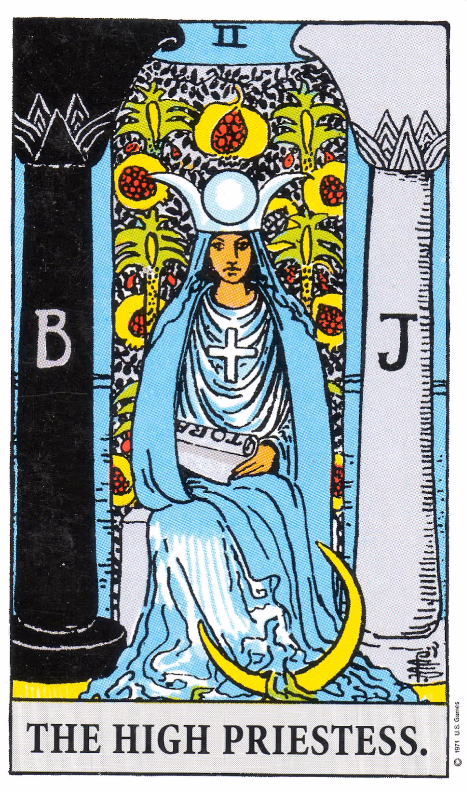 The Priestess tarot card, Rider deck: her with a crown of butterflies, a robe covered in clouds, and sitting atop a throne of babes and butterflies.