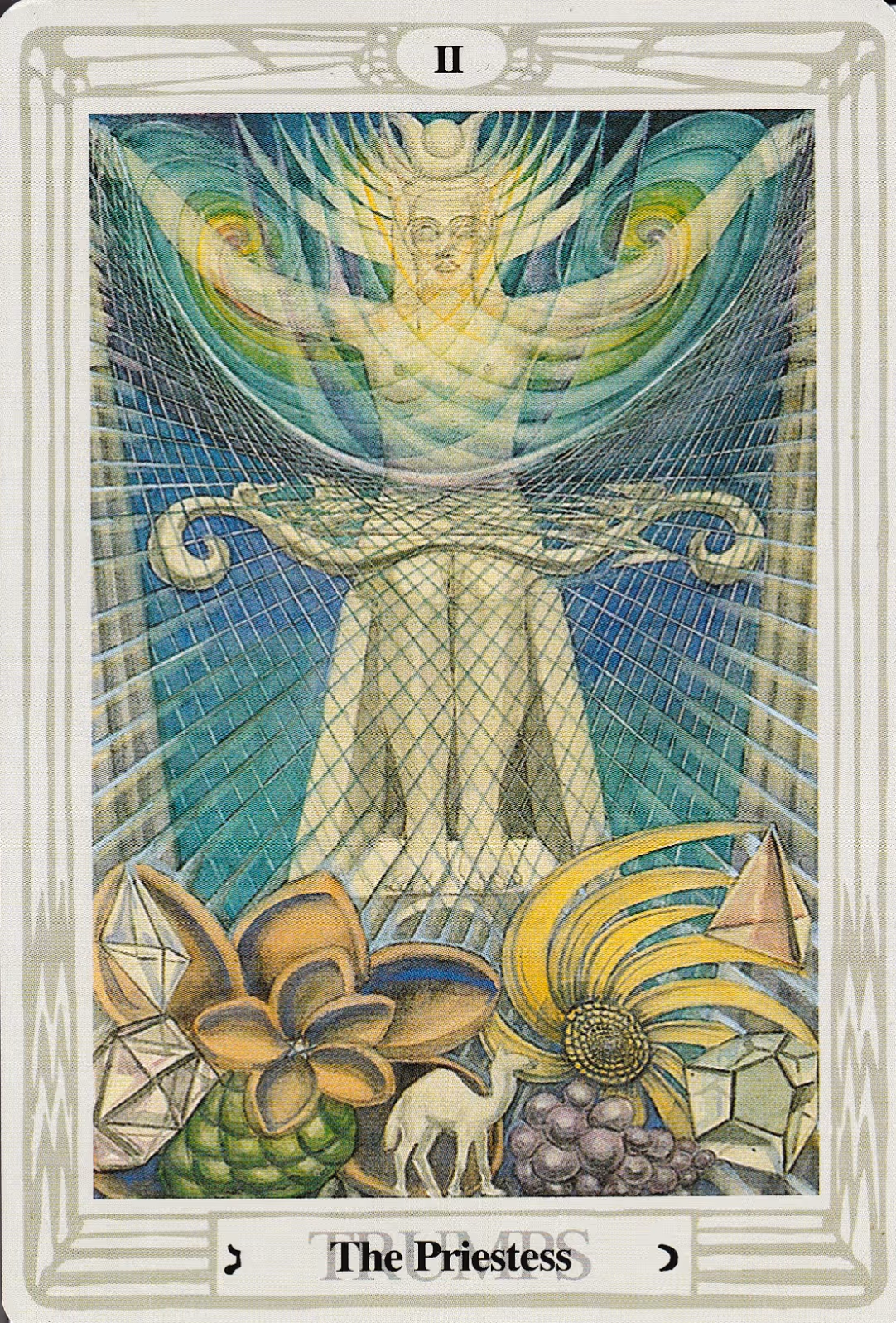 The Priestess tarot card, Rider deck: her with a crown of butterflies, a robe covered in clouds, and sitting atop a throne of babes and butterflies.