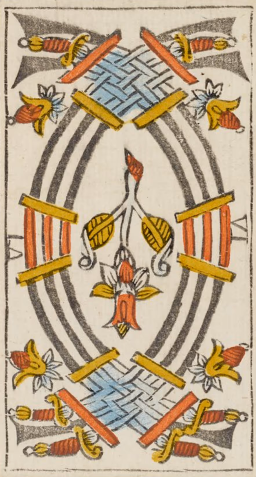 The Six of Swords tarot card, Thoth deck: six swords aimed directly at a rose within a cross.
