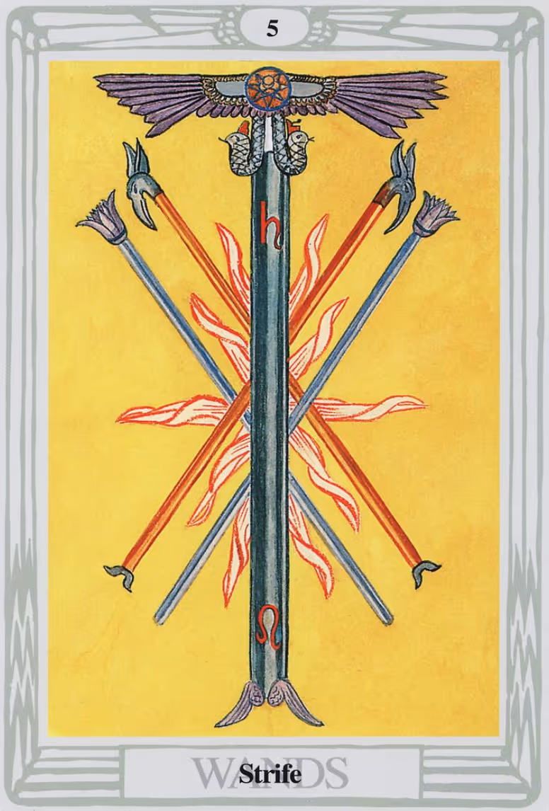 The Five of Wands tarot card, Rider deck: a depiction of five young men fighting one another with sticks.