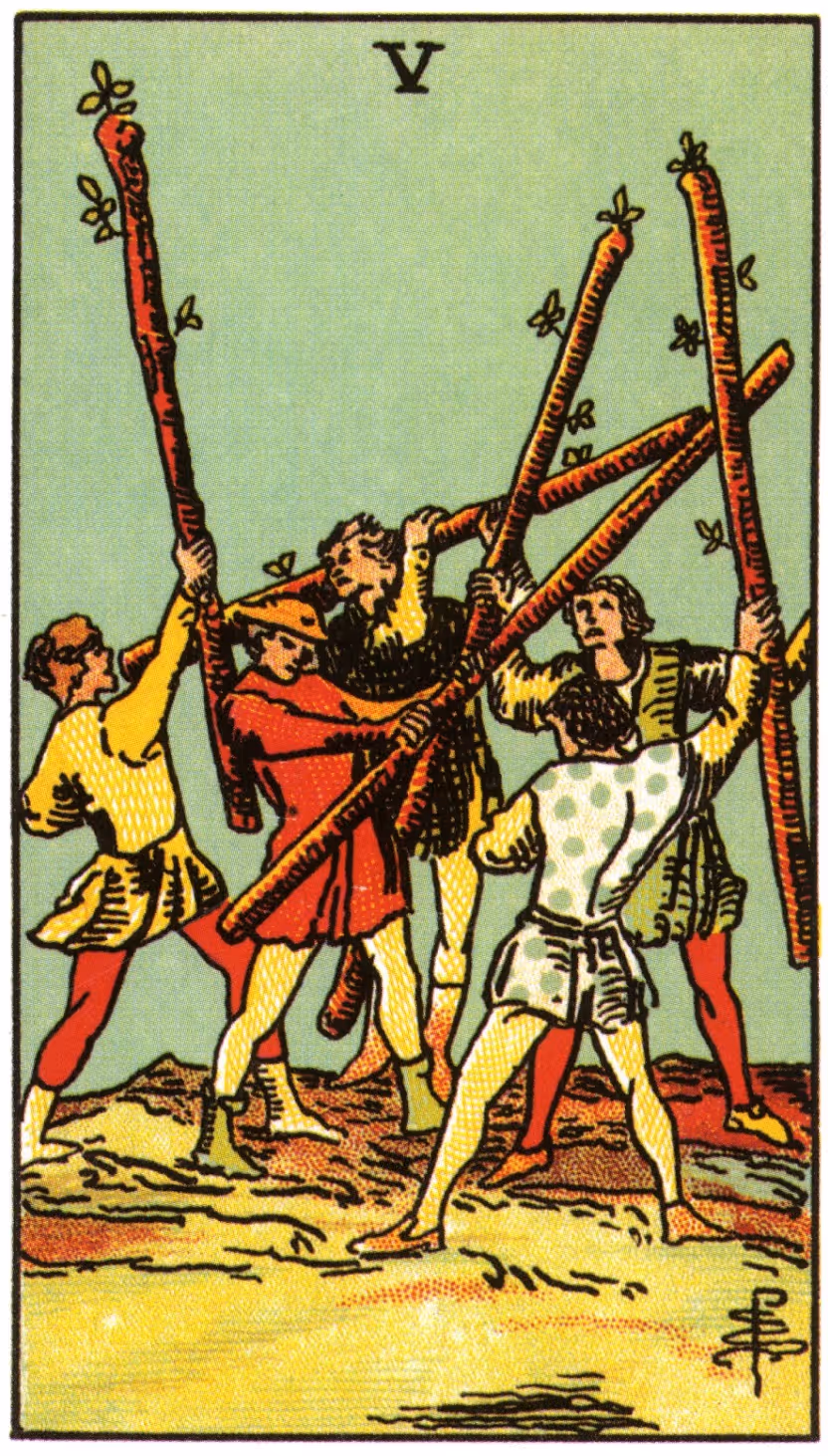The Five of Wands tarot card, Rider deck: a depiction of five young men fighting one another with sticks.