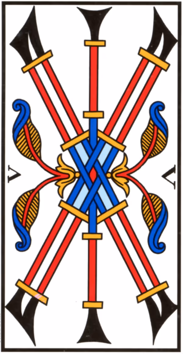 The Five of Wands tarot card, Rider deck: a depiction of five young men fighting one another with sticks.