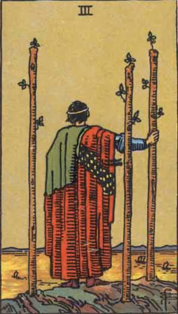 The Three of Wands tarot card from the Rider deck