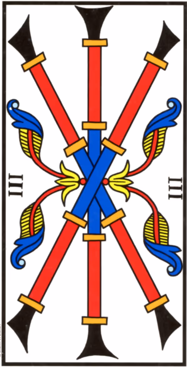 The Three of Wands tarot card from the Rider deck